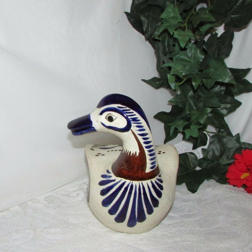 Lg. Mexican Art Pottery Duck 9 1/2" Hand Painted Folk Art Bird Mexico Vintage